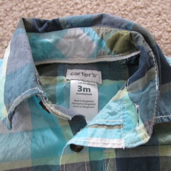 Carters Button Up Dress Shirt Boys Size 3M Blue Green Plaid Collared Infant Top - Picture 2 of 2